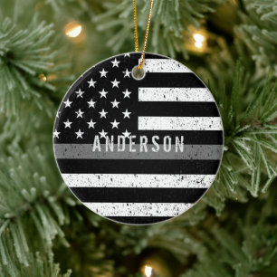 Corrections distressed Thin Grey Line with name Ceramic Tree Decoration