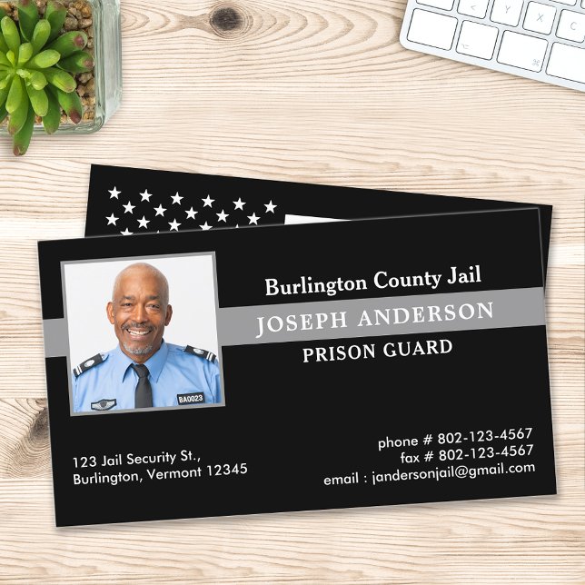 Corrections Officer Custom Photo Thin Grey Line Business Card (Creator Uploaded)