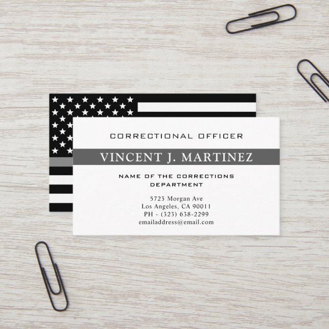 Corrections Officer Thin Silver Line Flag Business Card (Front/Back In Situ)