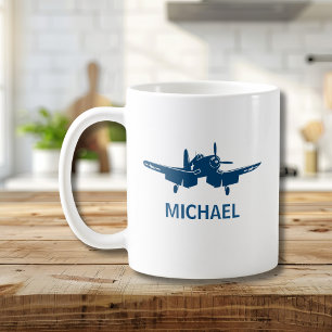 Corsair Vintage Aeroplane Blue Custom Pilot Name Coffee Mug