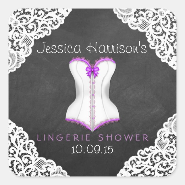 Corset White Lace Chalkboard Lingerie Shower Square Sticker (Front)