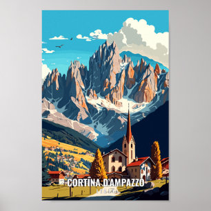 Cortina d'Ampazzo Travel Art Vintage Illustration  Poster