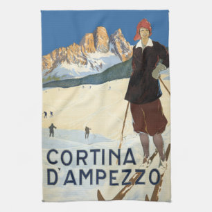 Cortina d'Ampezzo, Italy, Vintage Travel Ski Alps Tea Towel