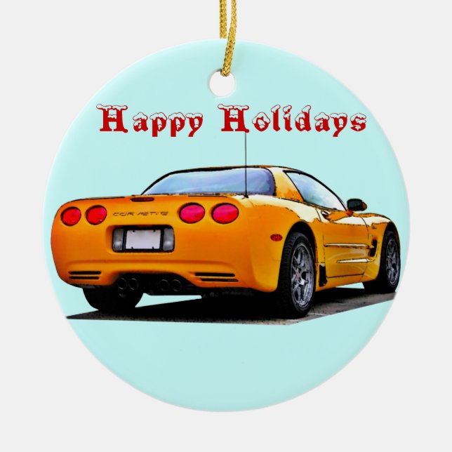 Corvette Happy Holidays Ceramic Tree Decoration (Front)