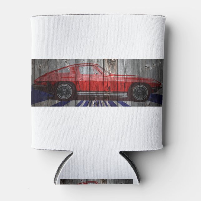 Corvette Stingray on barn wood design Can Cooler (Front)