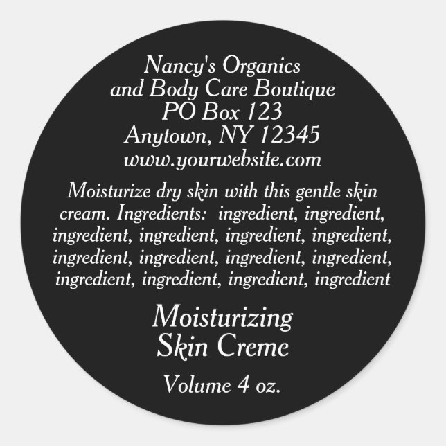 Cosmetic Label with Ingredients - black with white (Front)