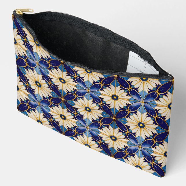 Cosmetic Storage Art Deco Floral Motif Gold Blue Accessory Pouch (Open)