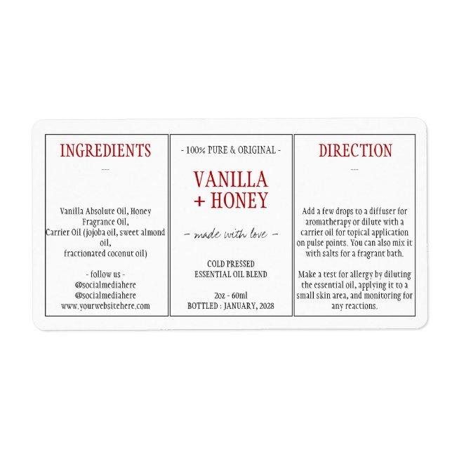 Cosmetic Vanilla Honey Ingredients (Front)