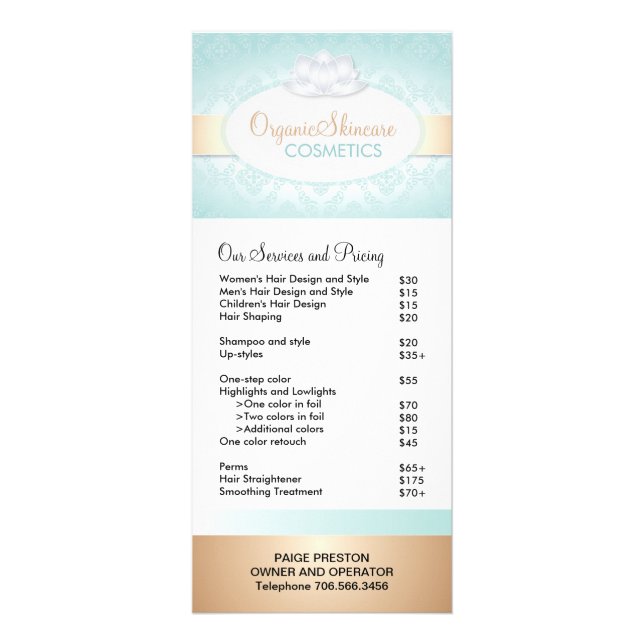 Cosmetics and Salon Price List & Rack Card (Front)
