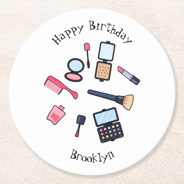 Cosmetics / make-up cartoon illustration round paper coaster (Front)