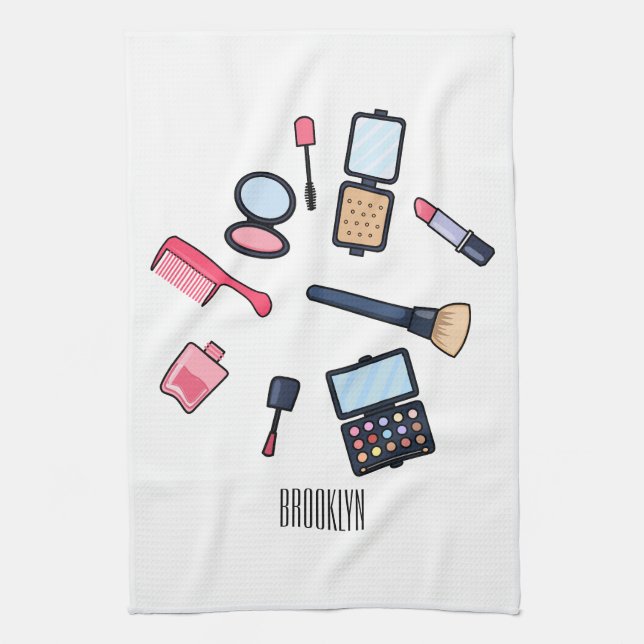 Cosmetics / make-up cartoon illustration tea towel (Vertical)