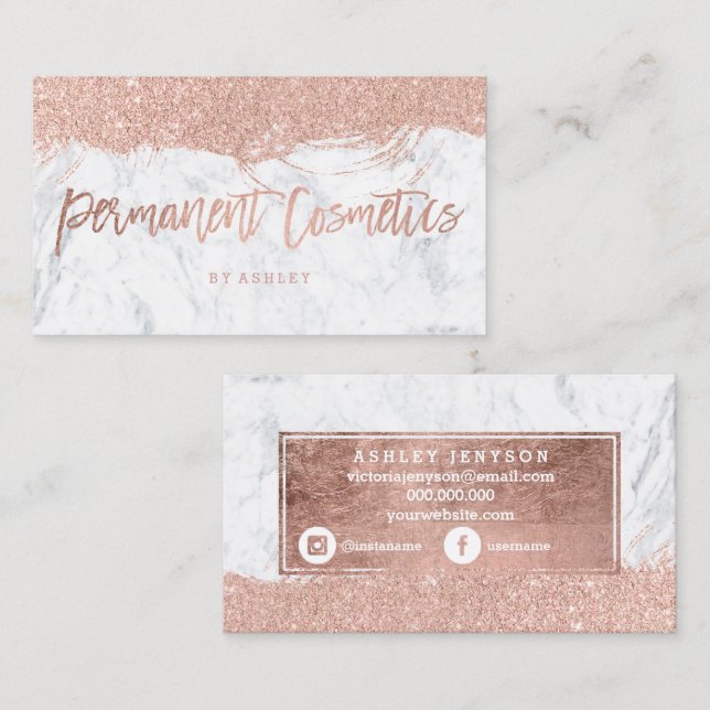 Cosmetics rose gold typography glitter marble business card (Front/Back)