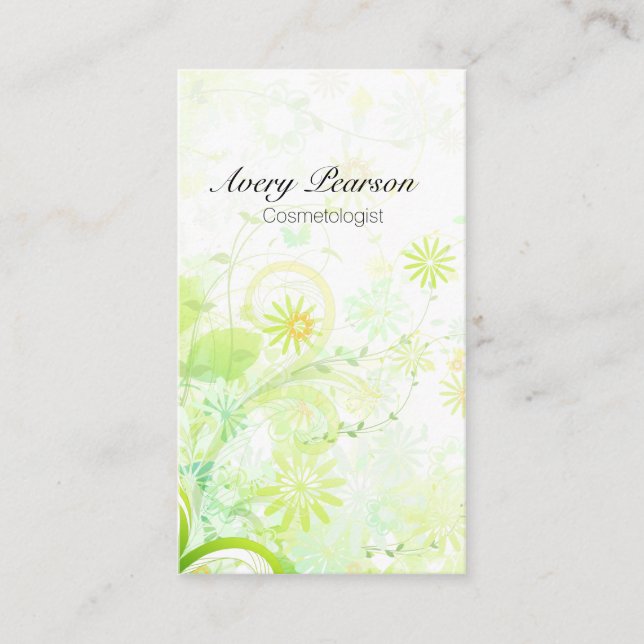 Cosmetologist Elegant Pastel Green Flowers Swirls Business Card (Front)