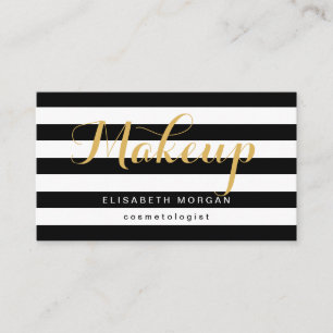 Cosmetologist Gold Calligraphy Black White Stripes Business Card