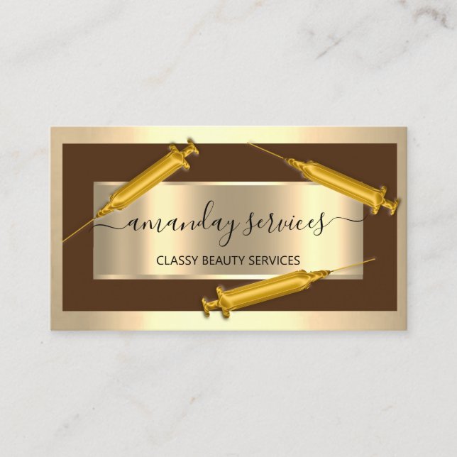 Cosmetologist Syringe Botox B12 QRCode Brown Gold Business Card (Front)