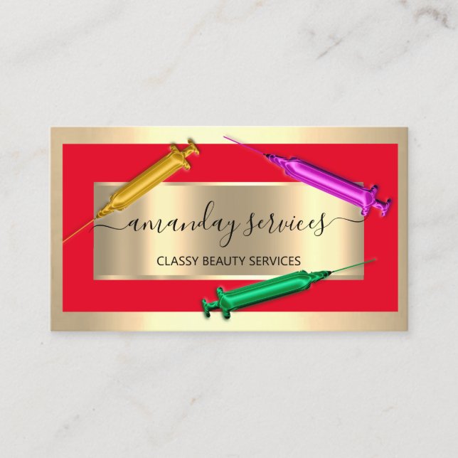 Cosmetologist Syringe Botox B12 QRCode Red Gold  Business Card (Front)