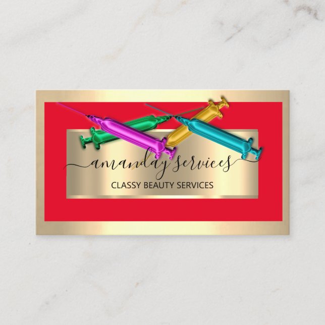Cosmetologist Syringe Botox B12 QRCode Red Golden Business Card (Front)