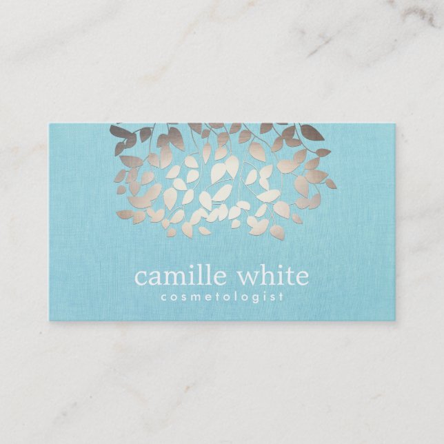 Cosmetology Faux Foil Leaves Turquoise Linen Look Business Card (Front)
