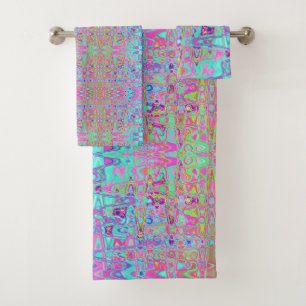 Cosmic Abstract Aqua and Hot Pink Retro Ripples Bath Towel Set