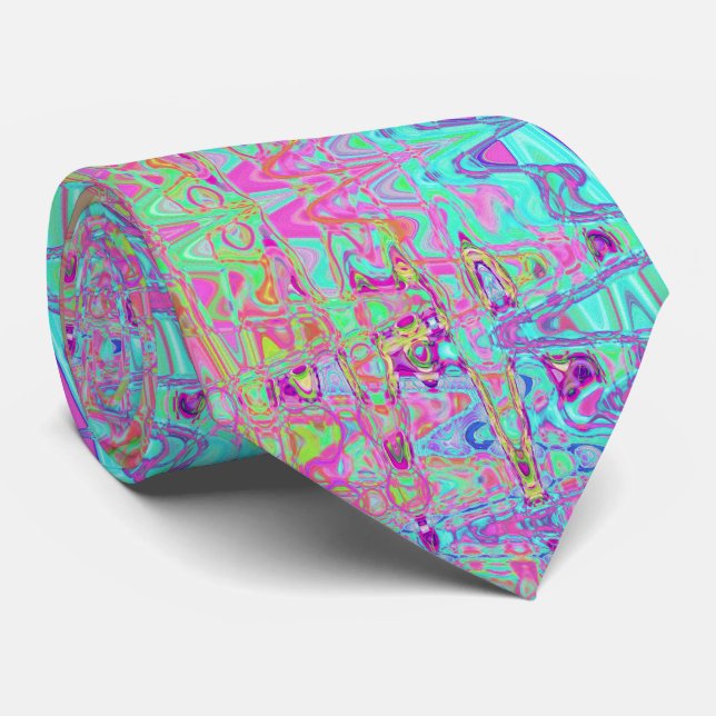 Cosmic Abstract Aqua and Hot Pink Retro Ripples Tie (Rolled)