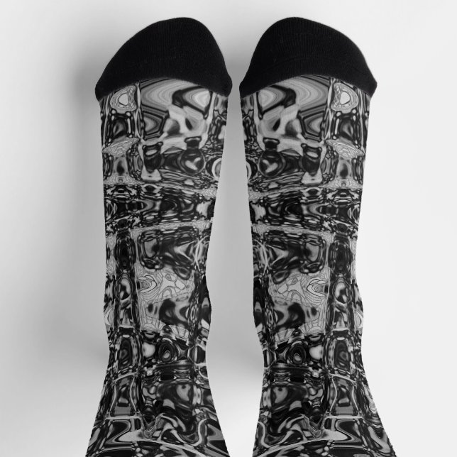 Cosmic Abstract Black and White Retro Ripples Socks (Top)