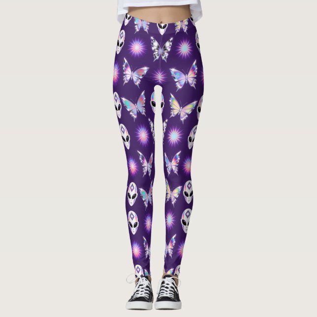 Cosmic Alien Butterfly Pattern Leggings (Front)