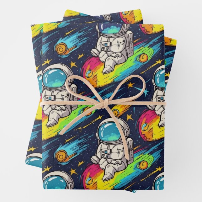 Cosmic Astronaut Meteor Ride Pattern Wrapping Paper Sheet (In situ)
