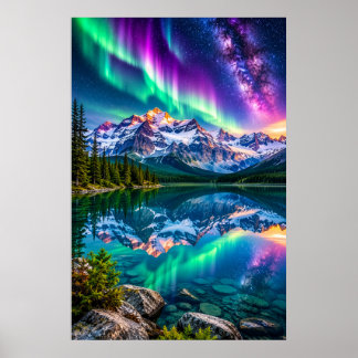 Cosmic Aurora Mountain Lake - Galaxy Reflection Poster