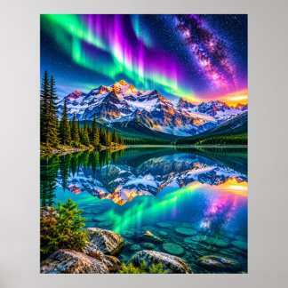 Cosmic Aurora Mountain Lake - Galaxy Reflection Poster
