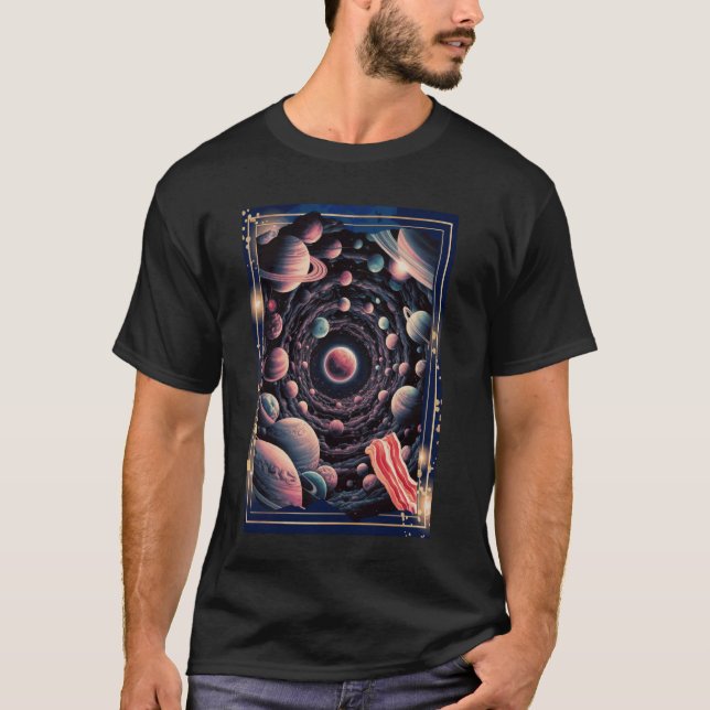 Cosmic Bacon Adventure Surreal Planets Art Space L T-Shirt (Front)