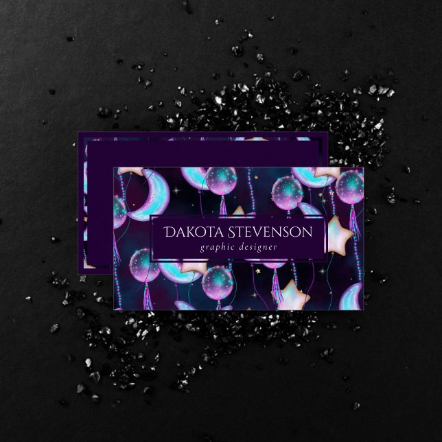 Cosmic Balloons | Blue Purple Moon Stars Planets Business Card (Creator Uploaded)