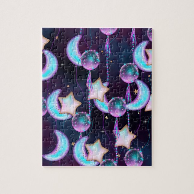 Cosmic Balloons | Blue Purple Moon Stars Planets Jigsaw Puzzle (Vertical)