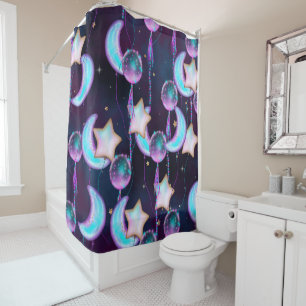 Cosmic Balloons   Blue Purple Moon Stars Planets Shower Curtain