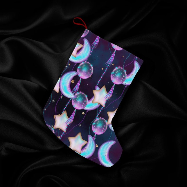 Cosmic Balloons | Blue Purple Moon Stars Planets Small Christmas Stocking (Creator Uploaded)