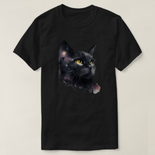 Cosmic Black Cat Watercolor Starry Night Feline T-Shirt