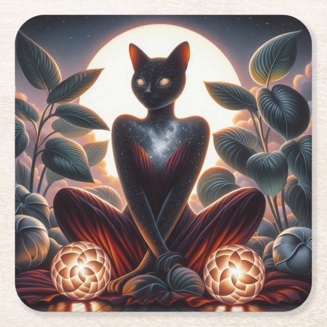Cosmic Black Cat with Glowing Eyes Surreal Digital Square Paper Coaster (Front)