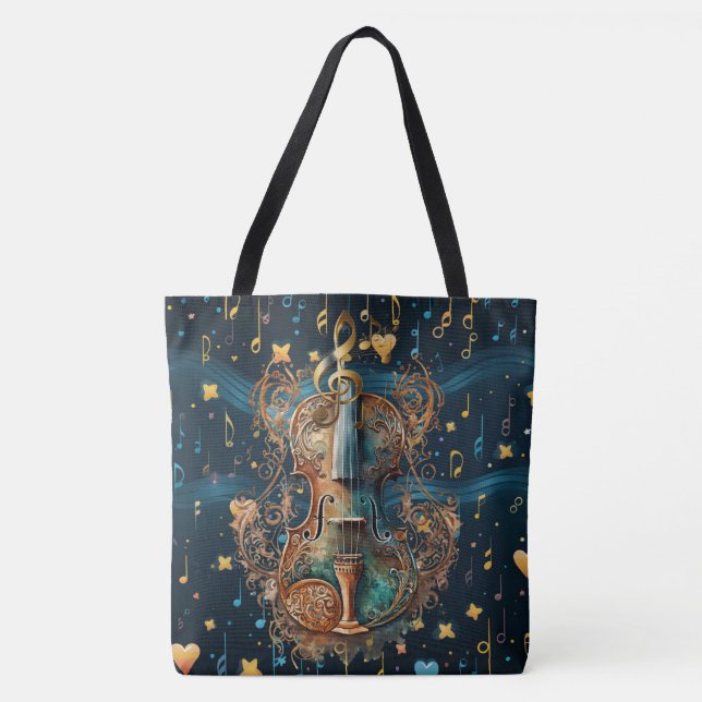  Cosmic Blue and Gold Rococo Violin Large Tote Bag (Front)