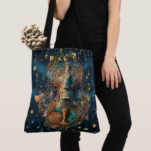 Cosmic Blue and Gold Violin Large Shoulder Tote Bag