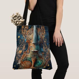 Cosmic Blue and Gold Violin Large Tote Bag