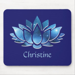 Cosmic Blue Galaxy Lotus Flower with Name Mouse Pad