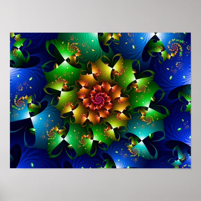 Cosmic Blue Lime Starburst Floral Fractal Poster (Front)