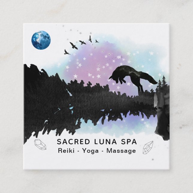 *~* Cosmic Blue Moon Fox Leaping Pine Tree Rainbow Square Business Card (Front)