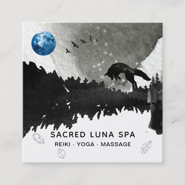 *~* Cosmic Blue Moon Fox Leaping Pine Tree  Square Business Card (Front)