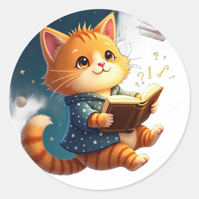Cosmic Book Lover Cat Reading In Space Classic Round Sticker (Front)