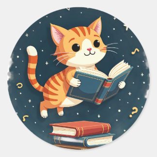 Cosmic Bookworm Cat Dark Academia Reading Classic Round Sticker