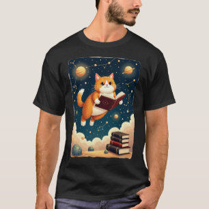 Cosmic Bookworm Cat Space Reading Sticker Tshirt