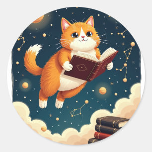 Cosmic Bookworm Cat Space Reading Sticker Tshirt