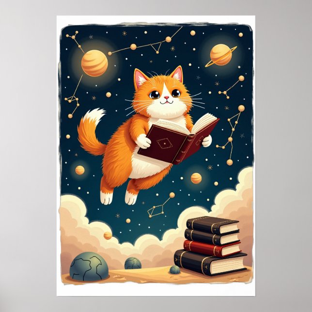 Cosmic Bookworm Cat Space Reading Sticker Tshirt Poster (Front)