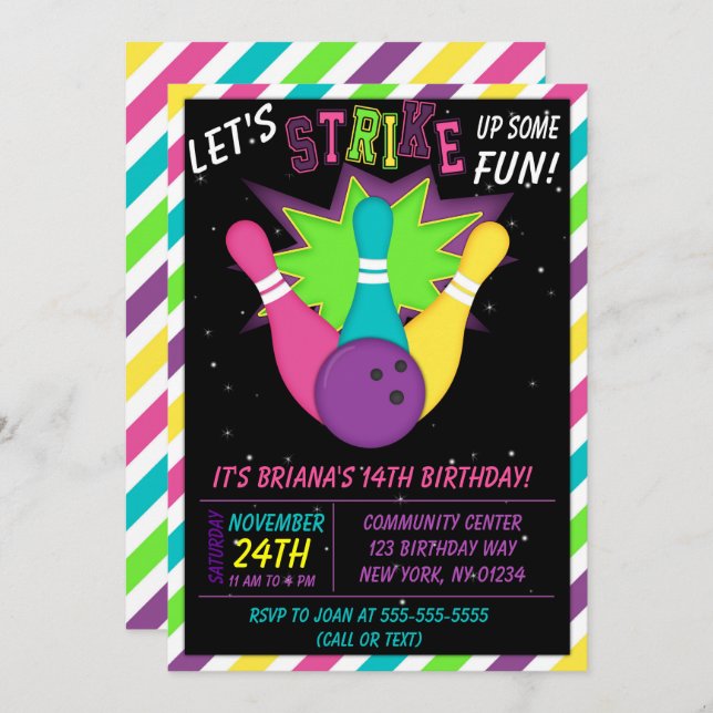 Cosmic Bowling Invitation Girls Birthday Party (Front/Back)