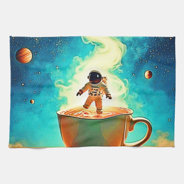 Cosmic Brew: Astronaut's Coffee Dream Tea Towel (Horizontal)